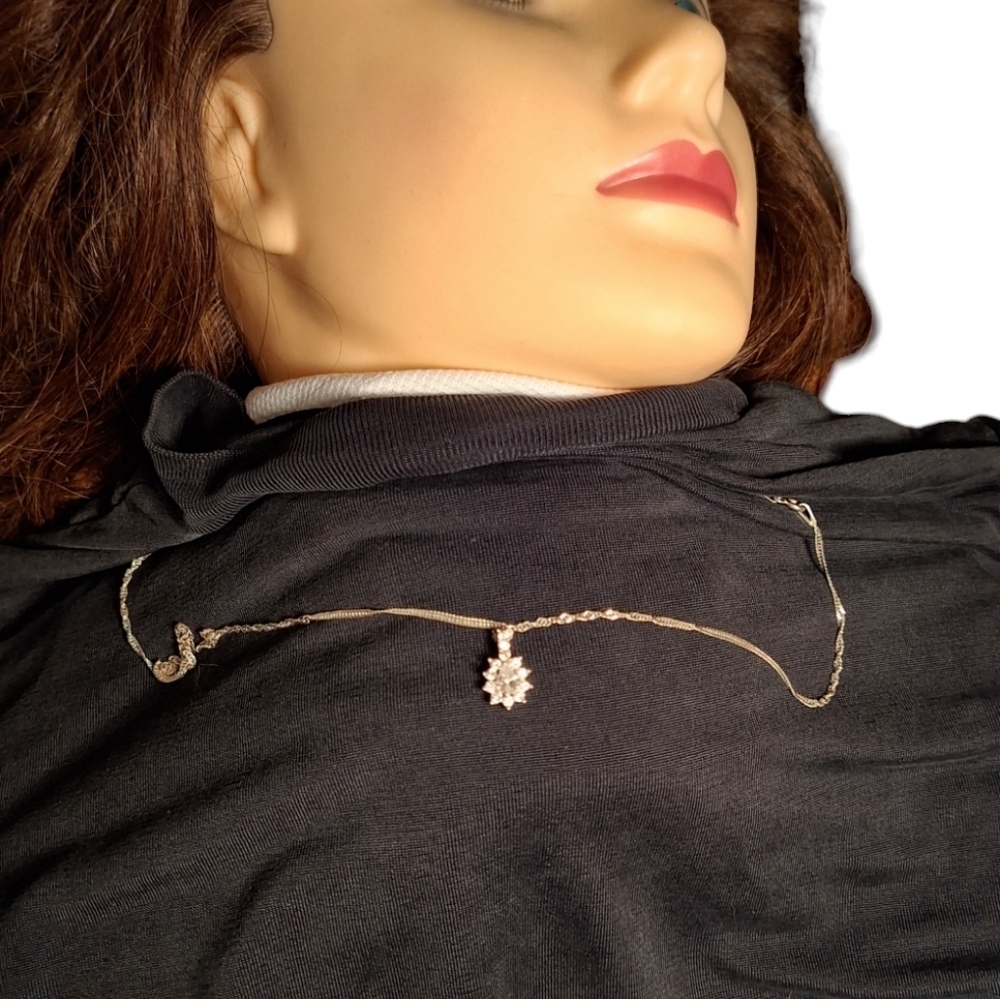 IBB 925 Silver Necklace w/ CZ Pendant Twisted Rope Chain Floral Sparkle Dainty